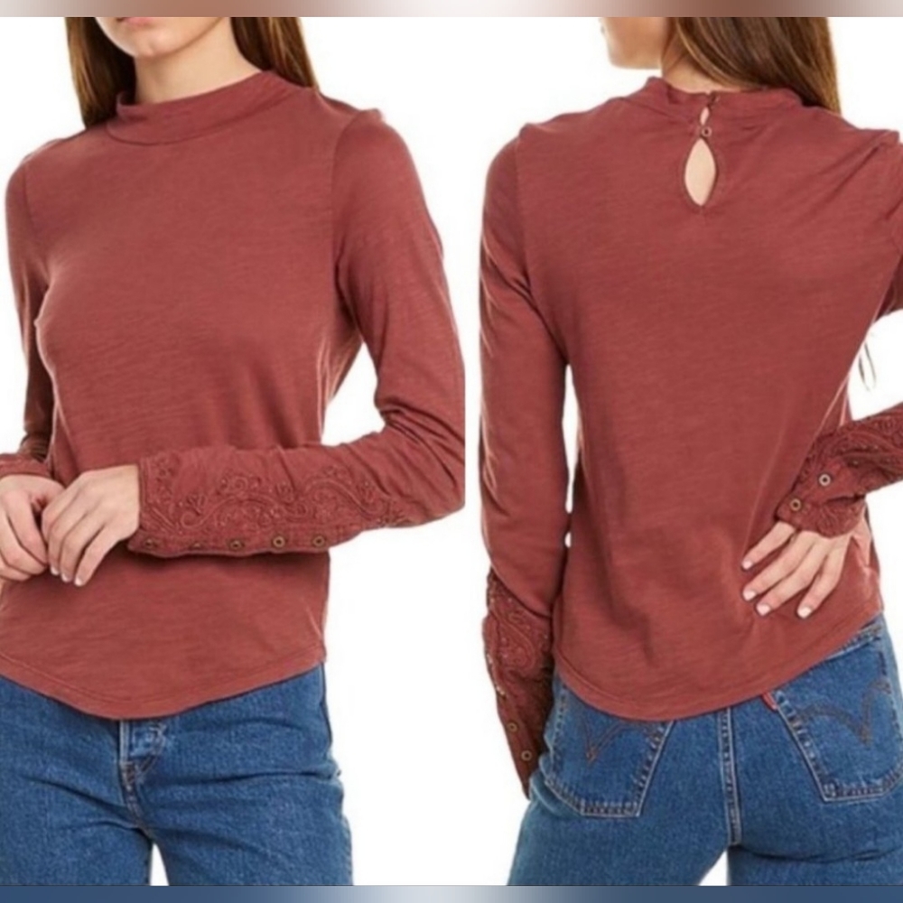 Free People We The Free Hooked on You Embroidered Sleeve Mock Neck Top Small